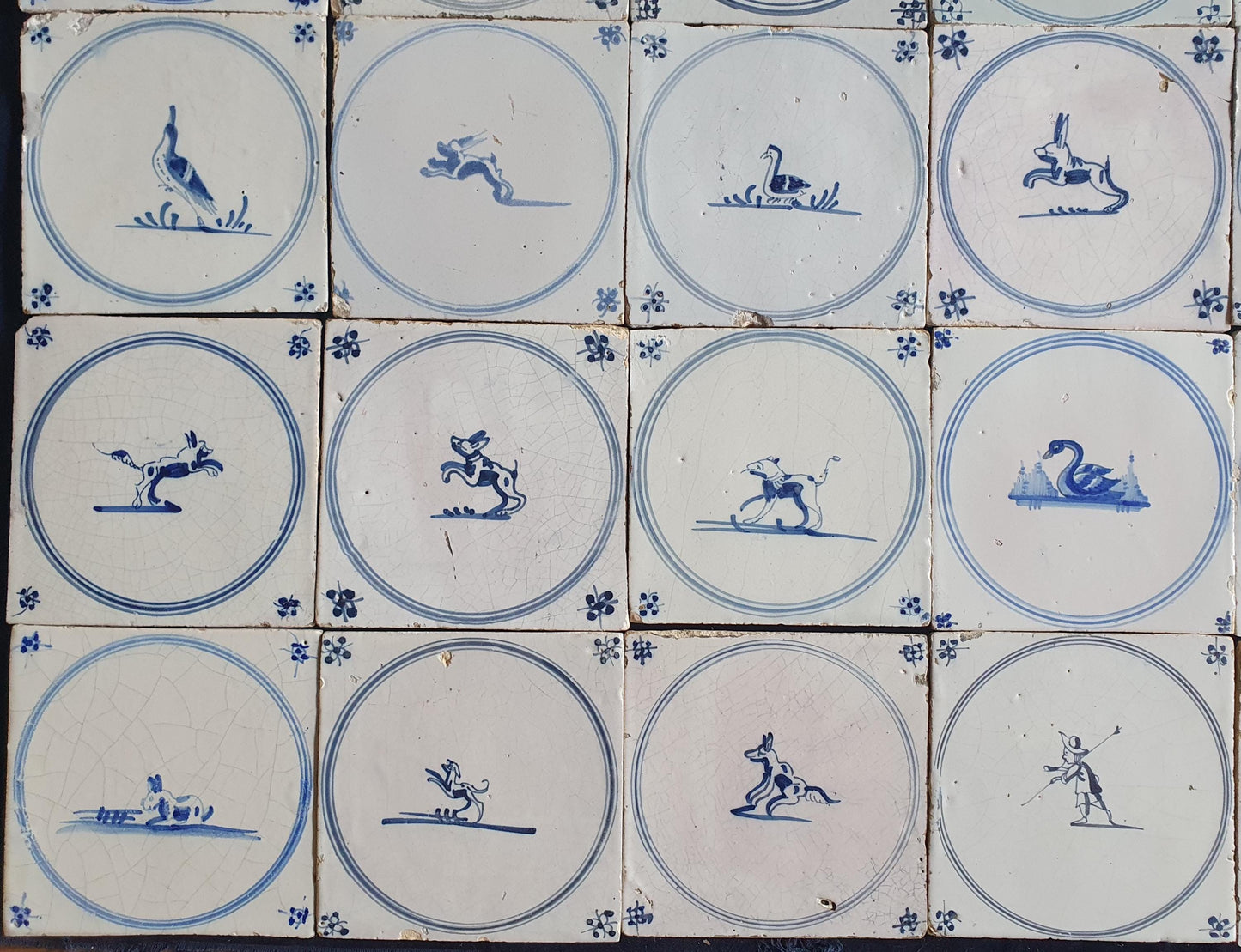 35 x Antique Delft Tiles, 18th Century Dutch Animal Motifs,  circle springer.