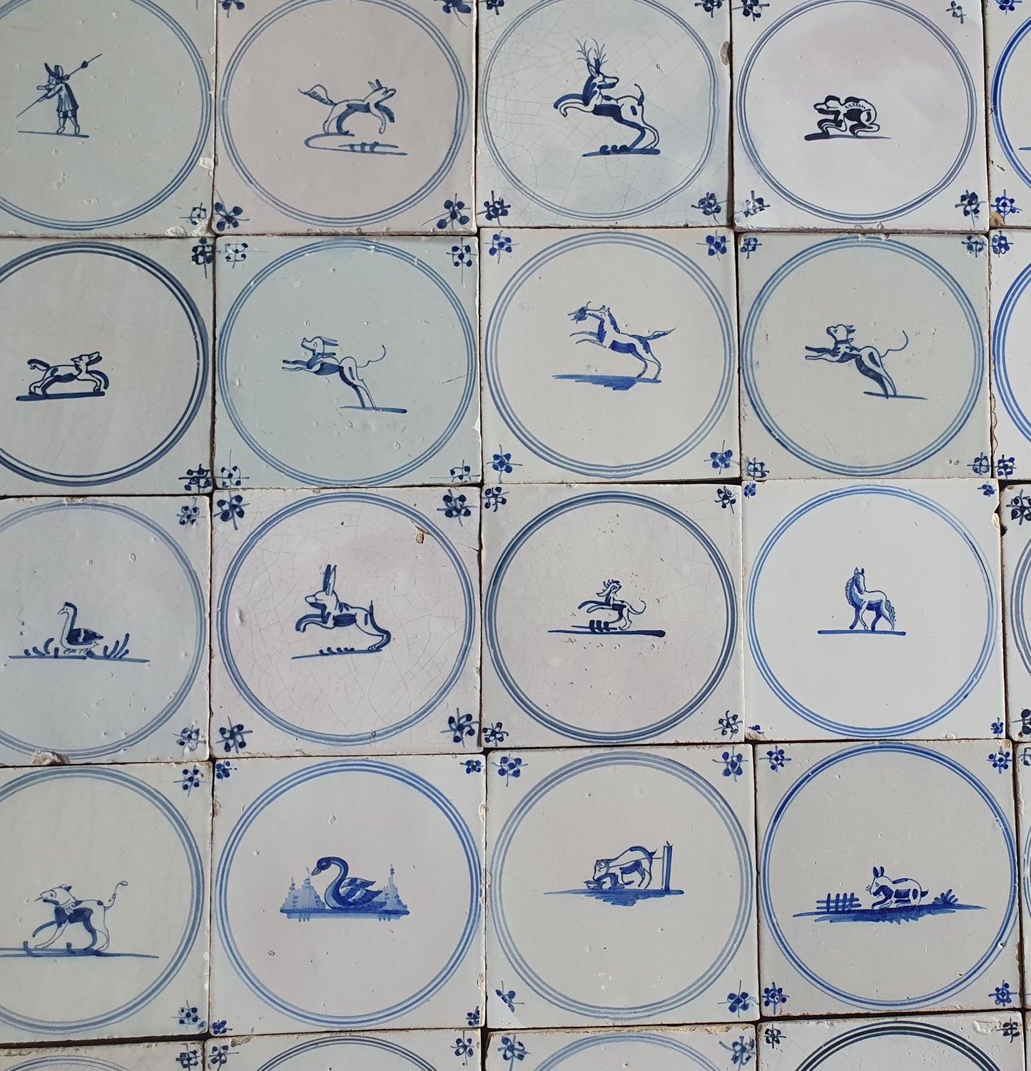 35 x Antique Delft Tiles, 18th Century Dutch Animal Motifs,  circle springer.