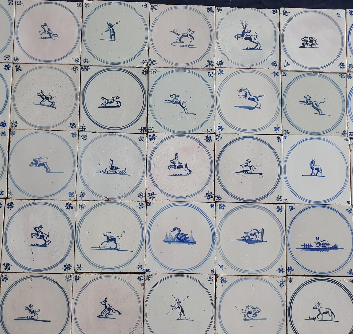 35 x Antique Delft Tiles, 18th Century Dutch Animal Motifs,  circle springer.