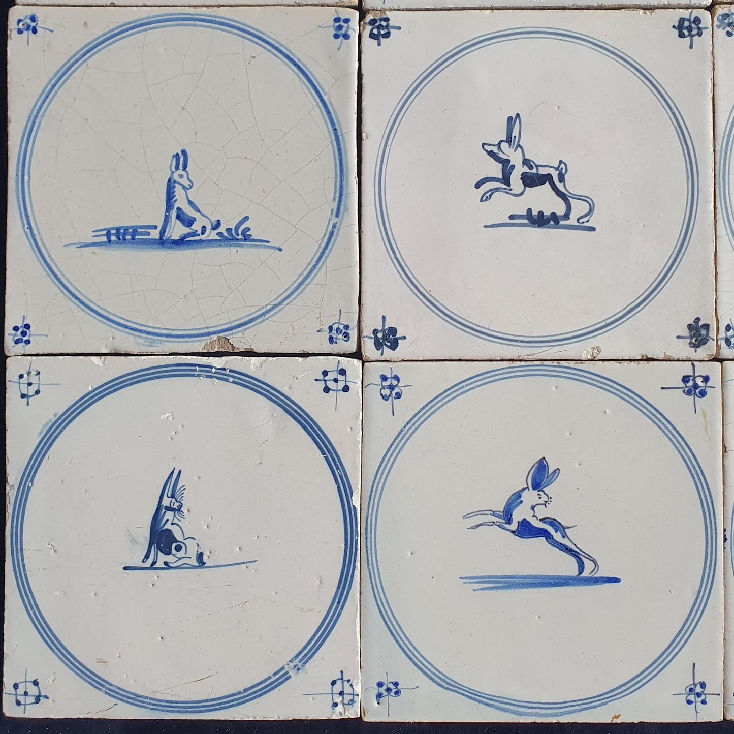 9 x Antique Delft Tiles, 18th Century Dutch Animal Motifs,  circle springer.