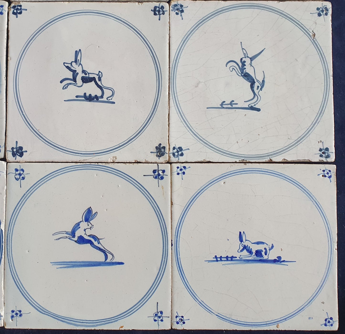 9 x Antique Delft Tiles, 18th Century Dutch Animal Motifs,  circle springer.