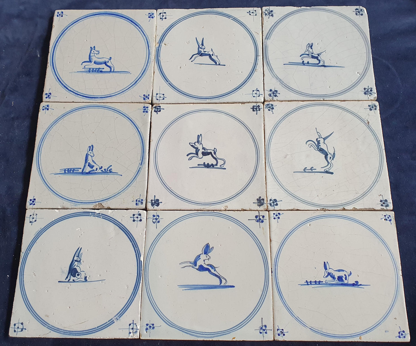 9 x Antique Delft Tiles, 18th Century Dutch Animal Motifs,  circle springer.