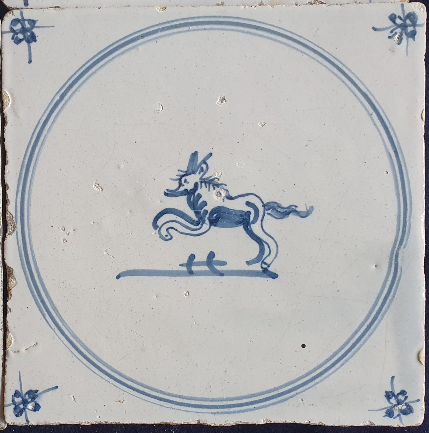 4 x Antique Delft Tiles, 18th Century Dutch Animal Motifs,  circle springer.
