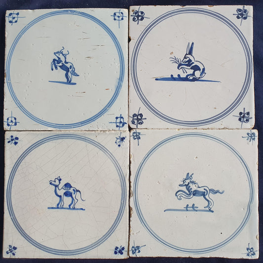 4 x Antique Delft Tiles, 18th Century Dutch Animal Motifs,  circle springer.