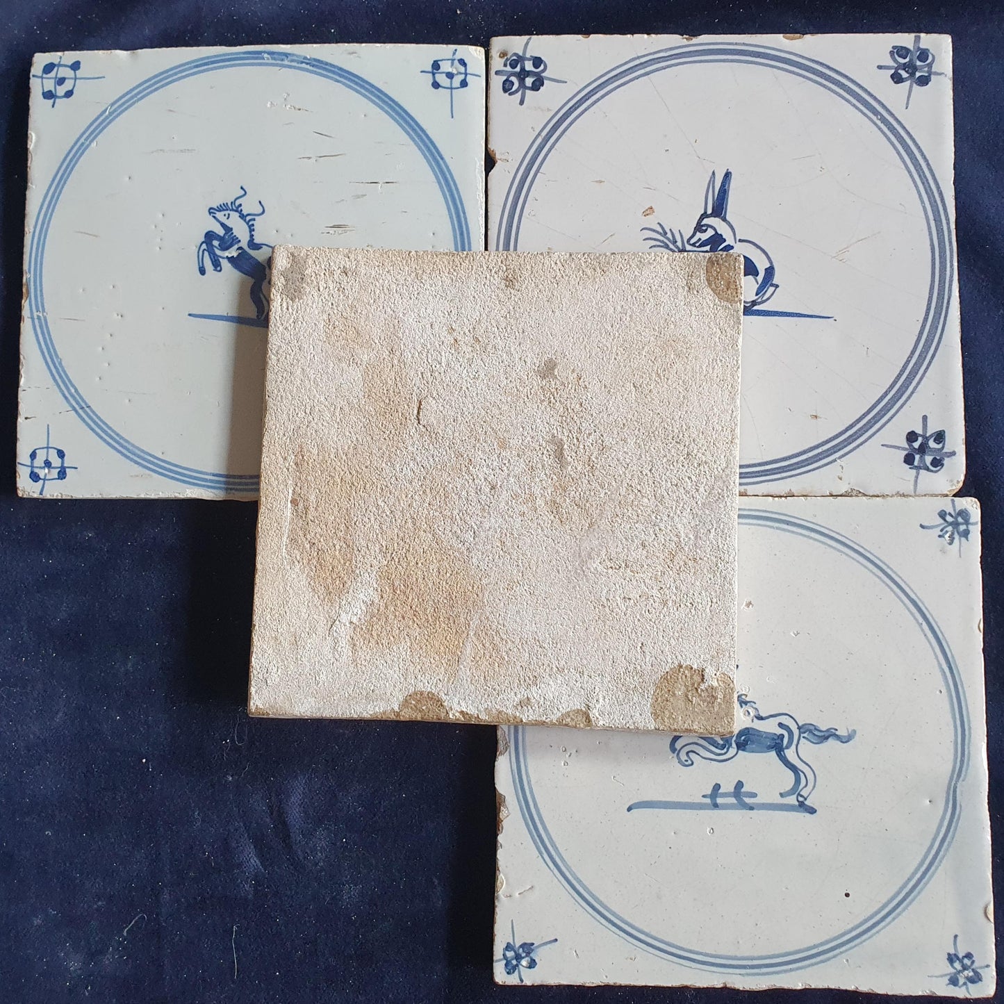 4 x Antique Delft Tiles, 18th Century Dutch Animal Motifs,  circle springer.
