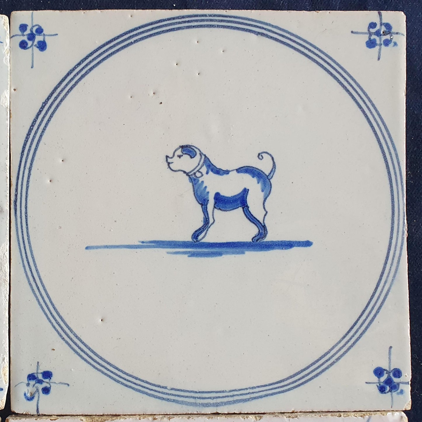4 x Antique Delft Tiles, 18th Century Dutch Animal Motifs,  circle springer.