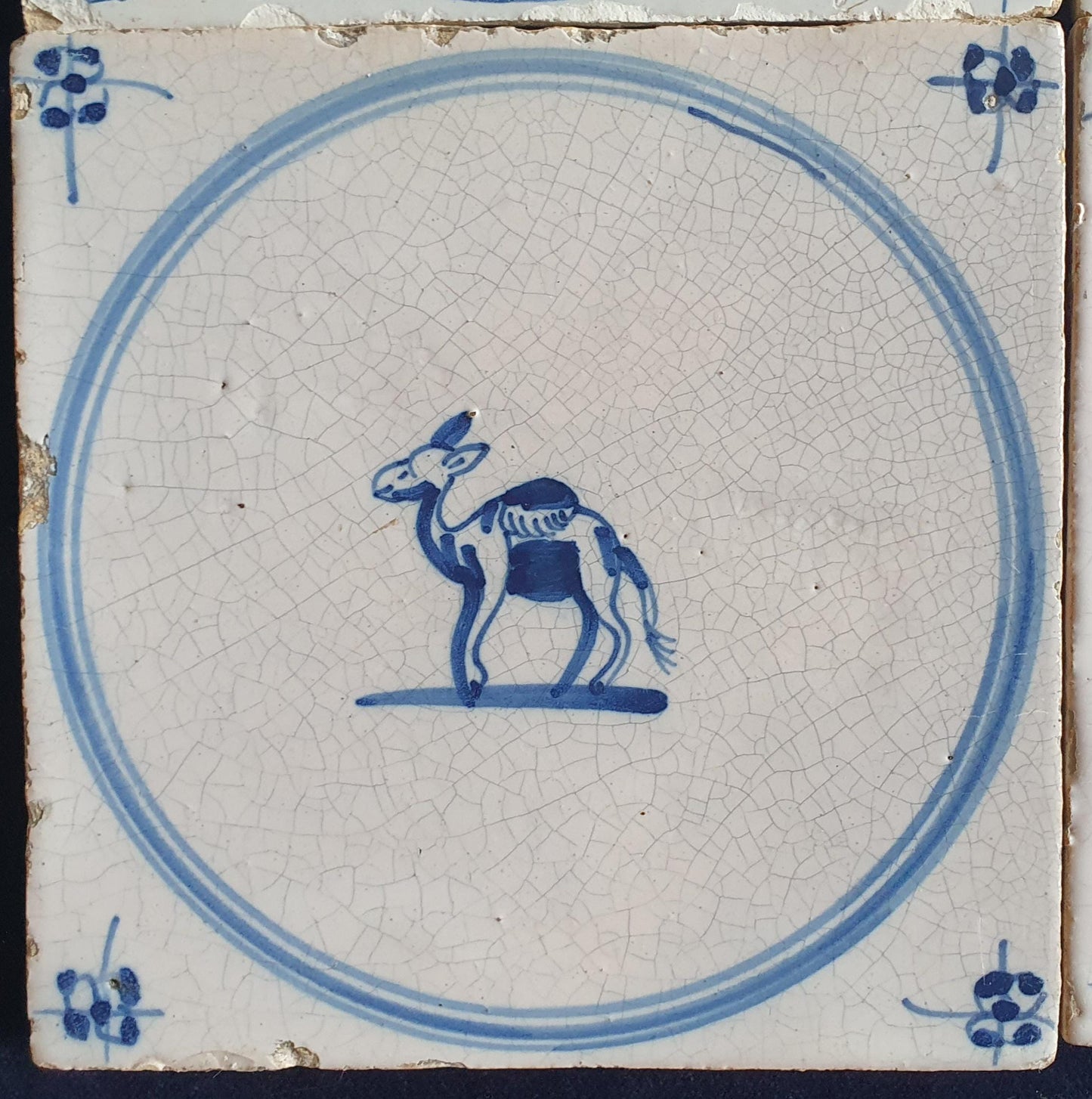 4 x Antique Delft Tiles, 18th Century Dutch Animal Motifs,  circle springer.