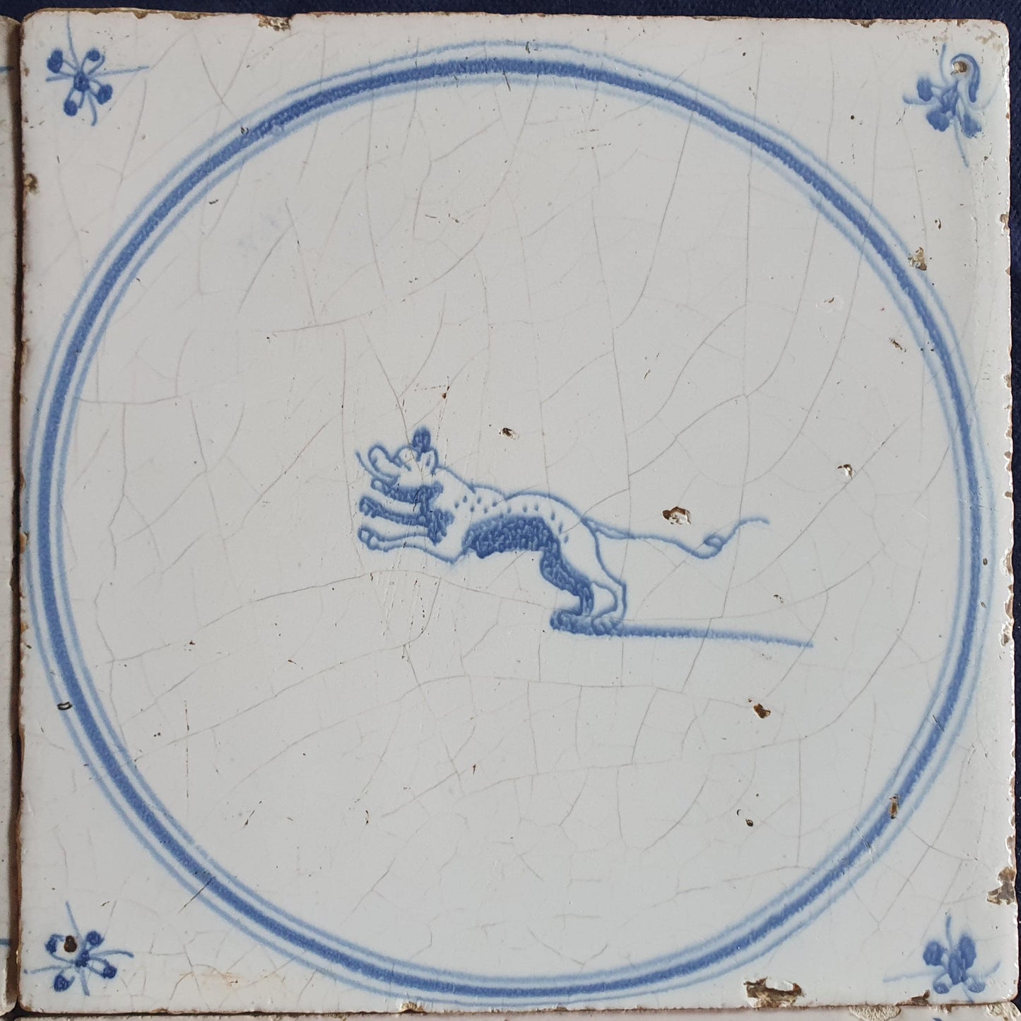 4 x Antique Delft Tiles, 18th Century Dutch Animal Motifs,  circle springer.