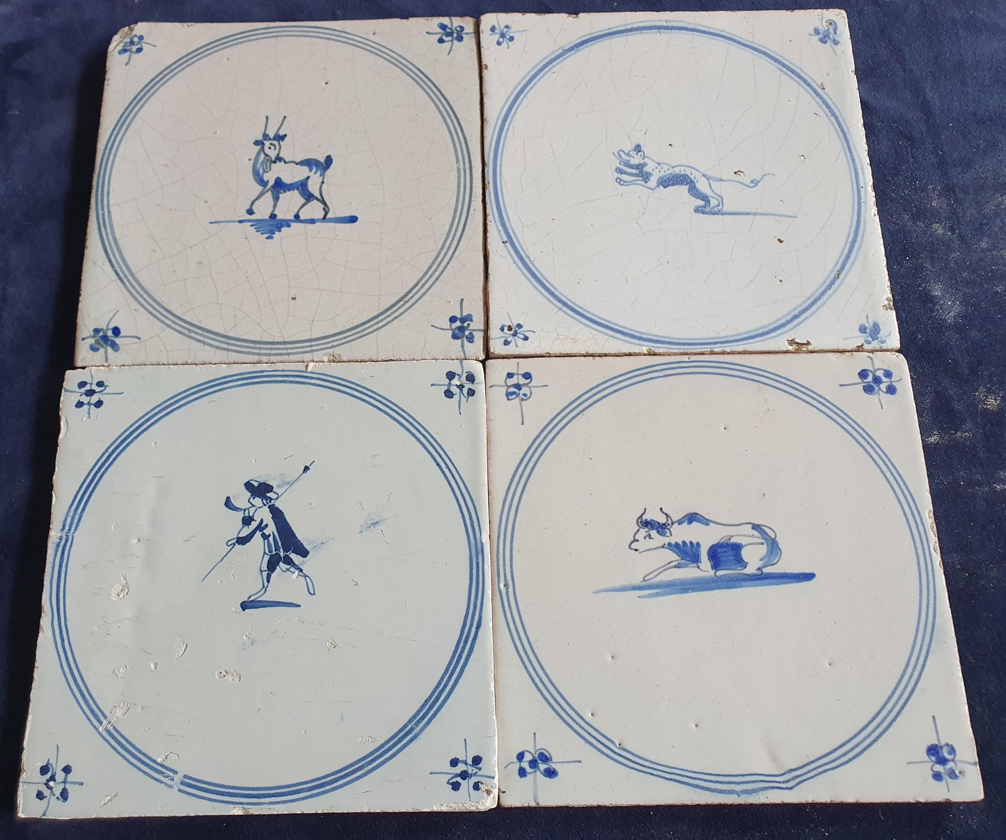 4 x Antique Delft Tiles, 18th Century Dutch Animal Motifs,  circle springer.
