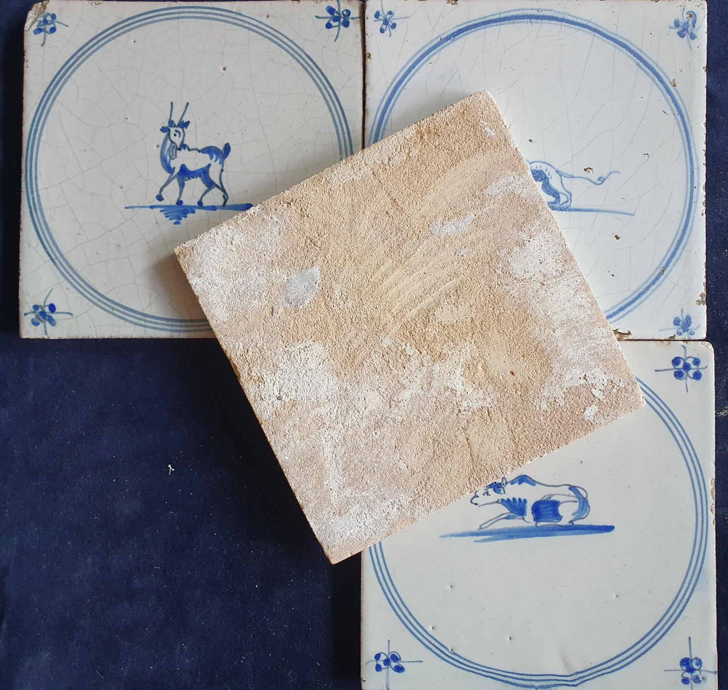4 x Antique Delft Tiles, 18th Century Dutch Animal Motifs,  circle springer.