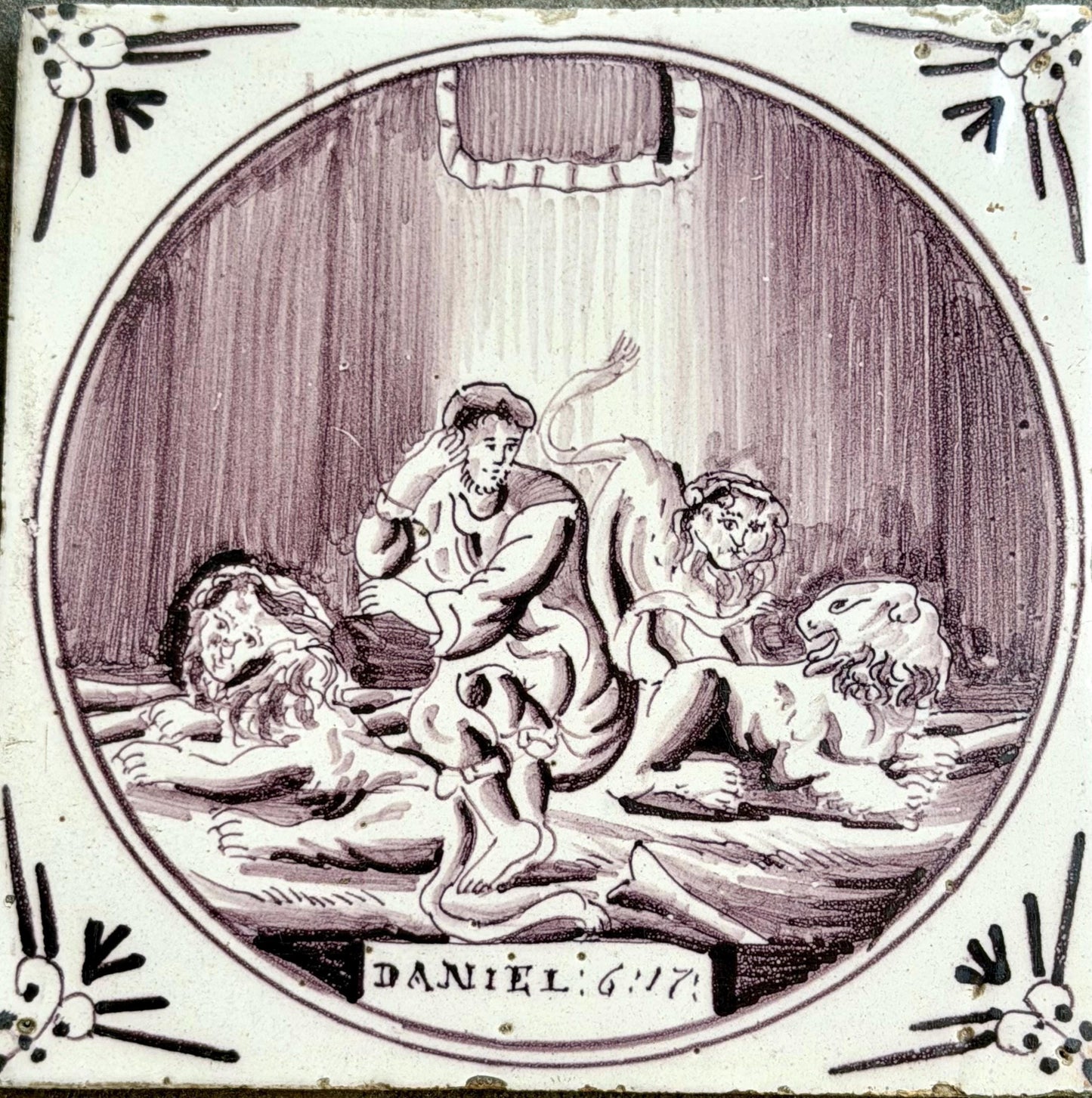Delft tile, Dutch manganese biblical scene bible tile, 18th century, Daniel 6:17