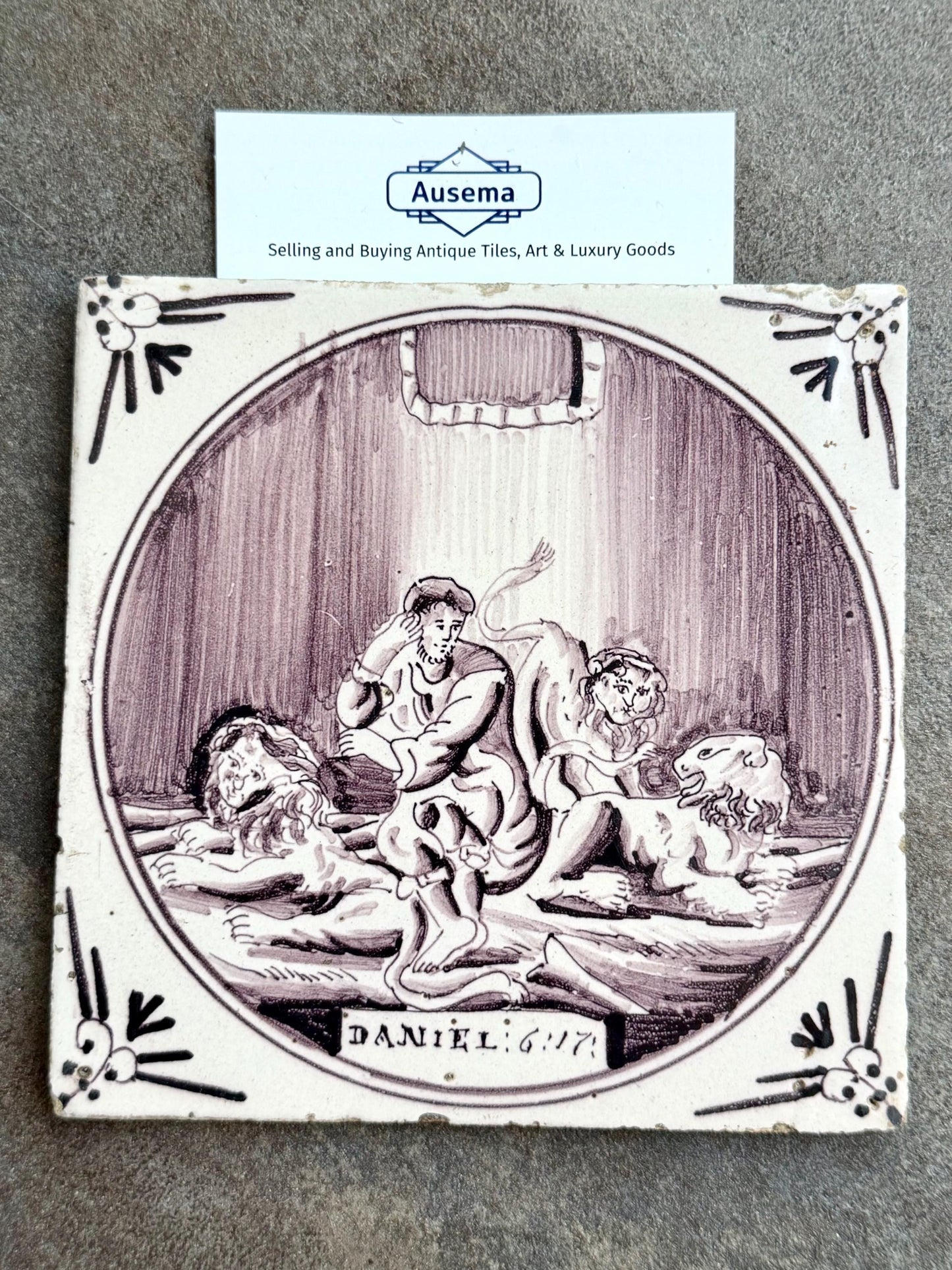 Delft tile, Dutch manganese biblical scene bible tile, 18th century, Daniel 6:17