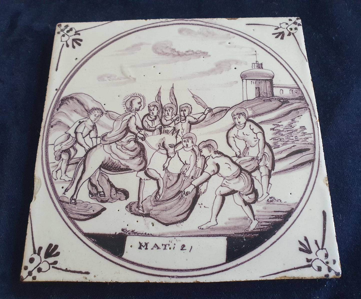 Delft tile, Dutch manganese biblical scene bible tile, 18th century,  Jesus' entry into Jerusalem
