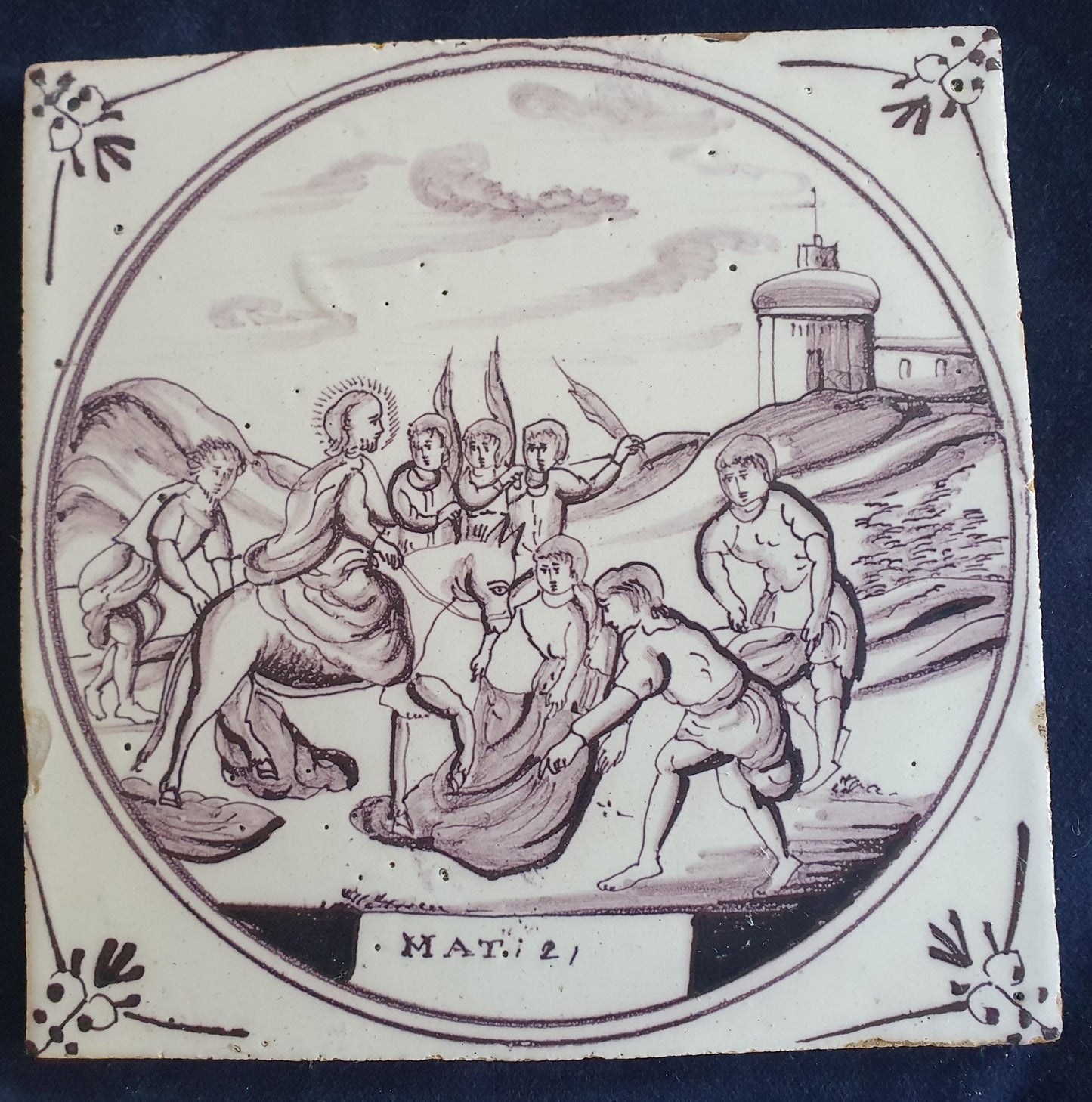 Delft tile, Dutch manganese biblical scene bible tile, 18th century,  Jesus' entry into Jerusalem