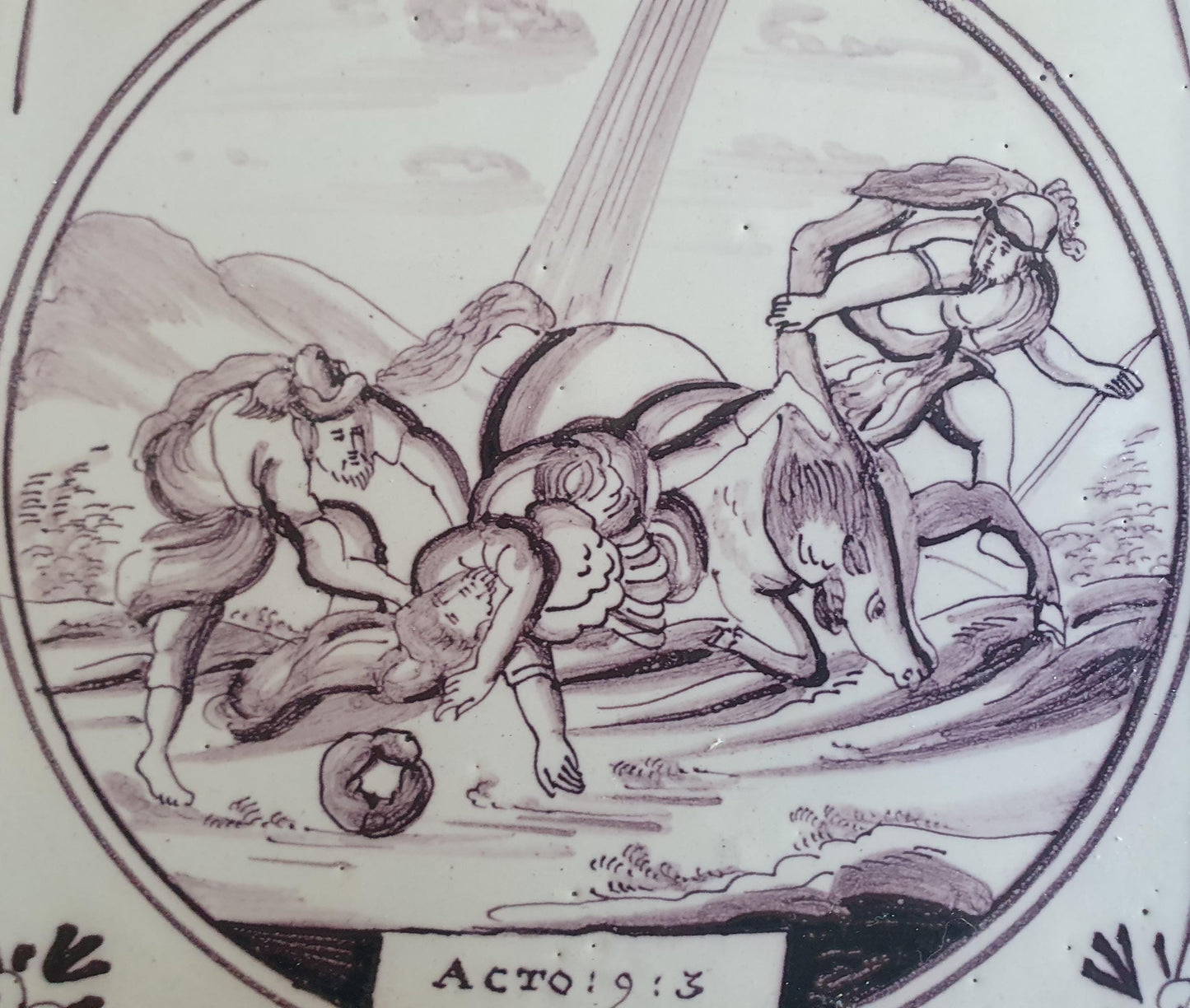 Delft tile, Dutch manganese biblical scene bible tile, 18th century,  Conversion of Saul