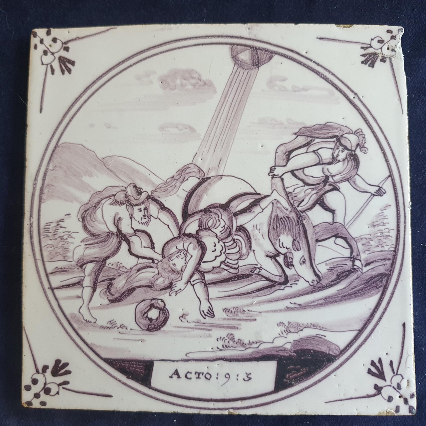 Delft tile, Dutch manganese biblical scene bible tile, 18th century,  Conversion of Saul
