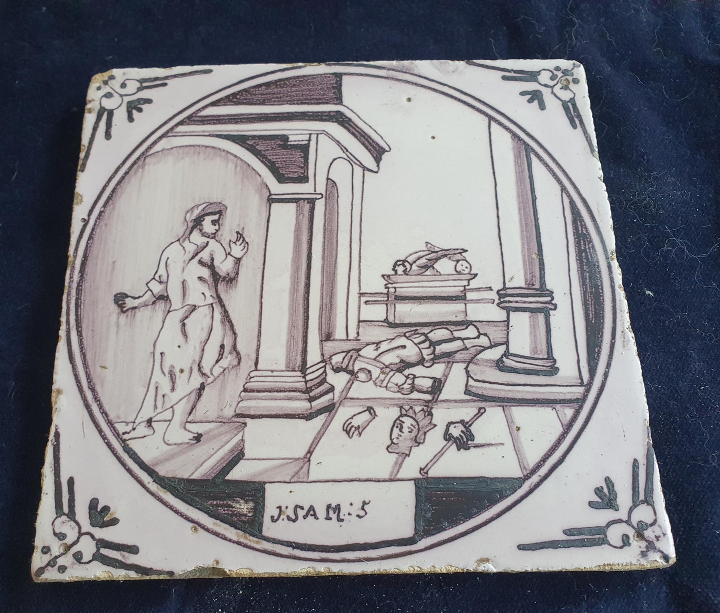 Delft tile, Dutch manganese biblical scene bible tile, 18th century, the Ark of the Covenant and the idol Dagon