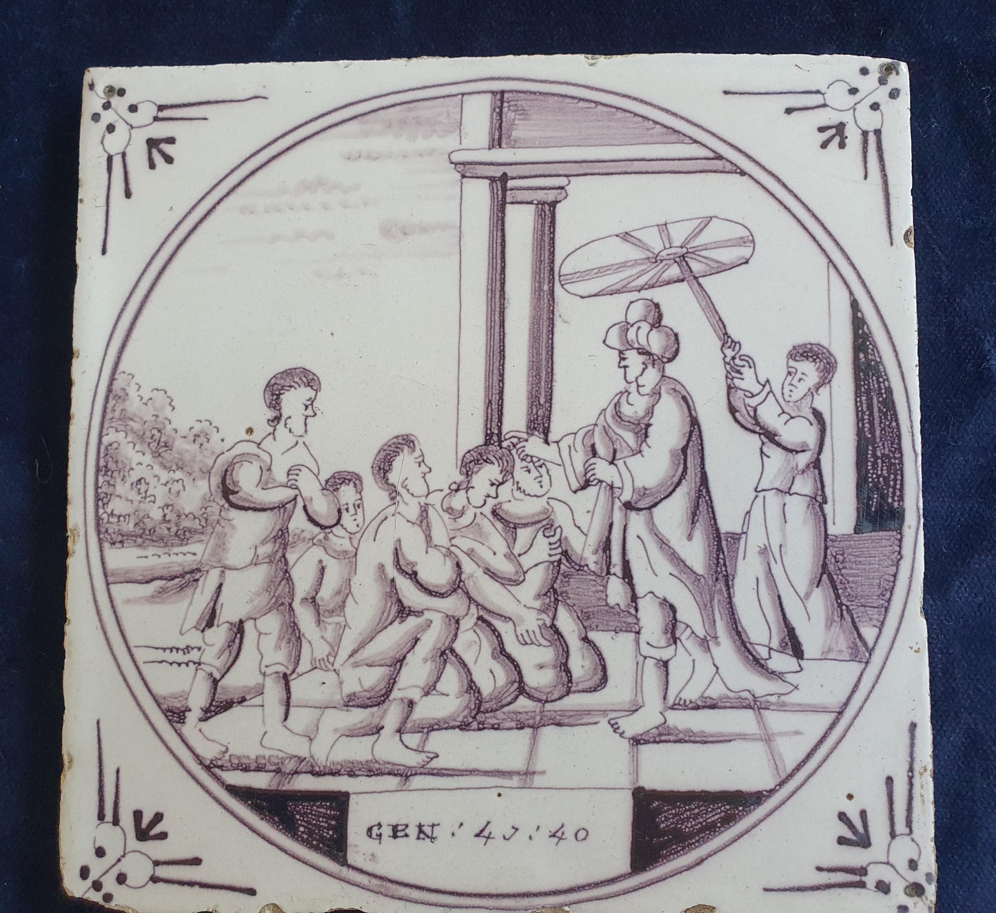 Delft tile, Dutch manganese biblical scene bible tile, 18th century Gen43-40