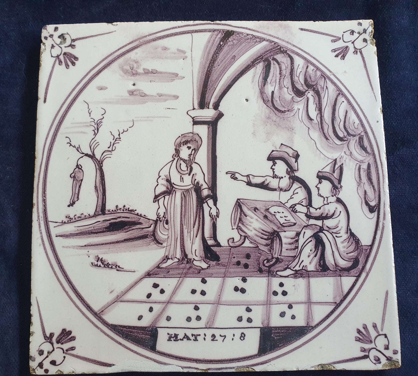 Delft tile, Dutch manganese biblical scene bible tile, 18th century , Mat 27-8