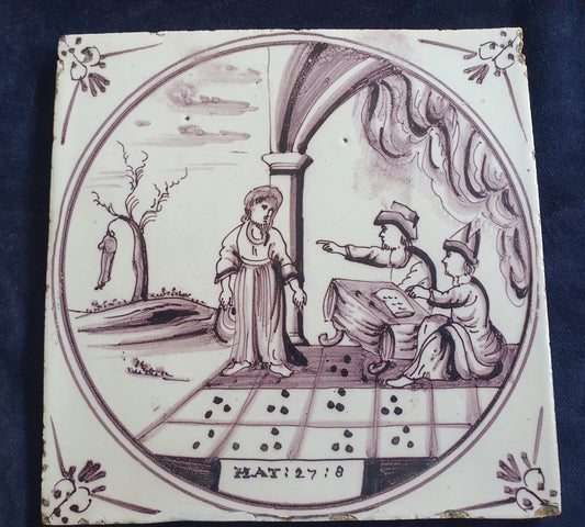 Delft tile, Dutch manganese biblical scene bible tile, 18th century , Mat 27-8