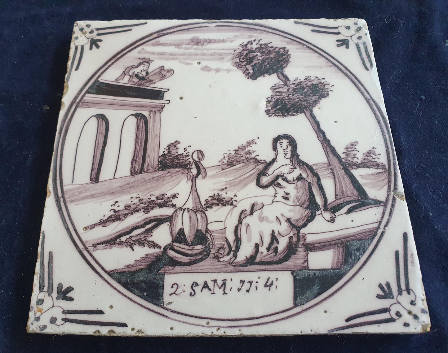 Delft tile, Dutch manganese biblical scene bible tile, 18th century , King David and Bathsheba.
