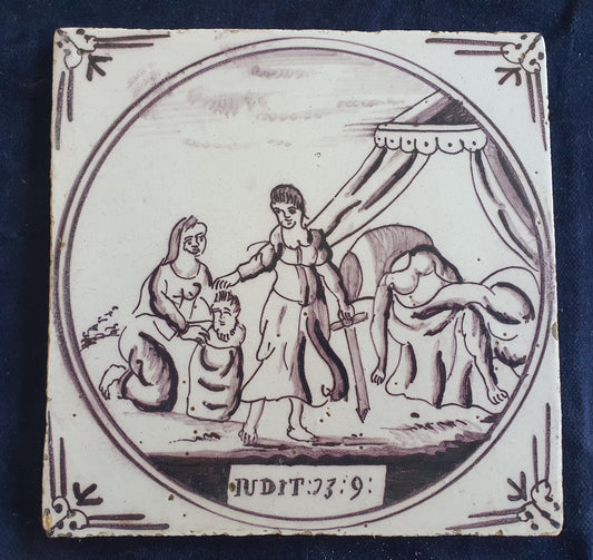 Delft tile, Dutch manganese biblical scene bible tile, 18th century , The beheading of the Assyrian army commander.