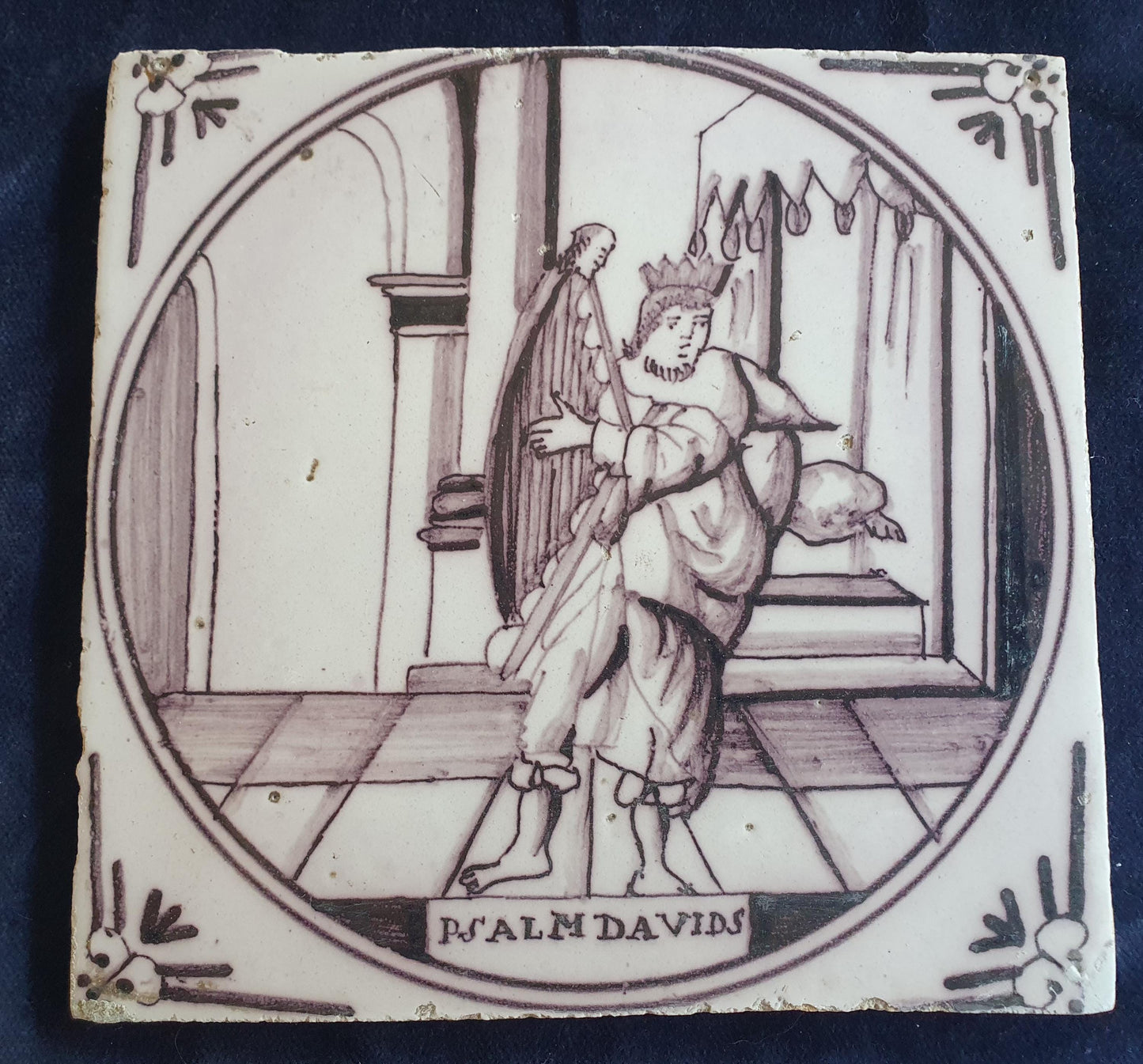 Delft tile, Dutch manganese biblical scene bible tile, 18th century , King David playing his harp.