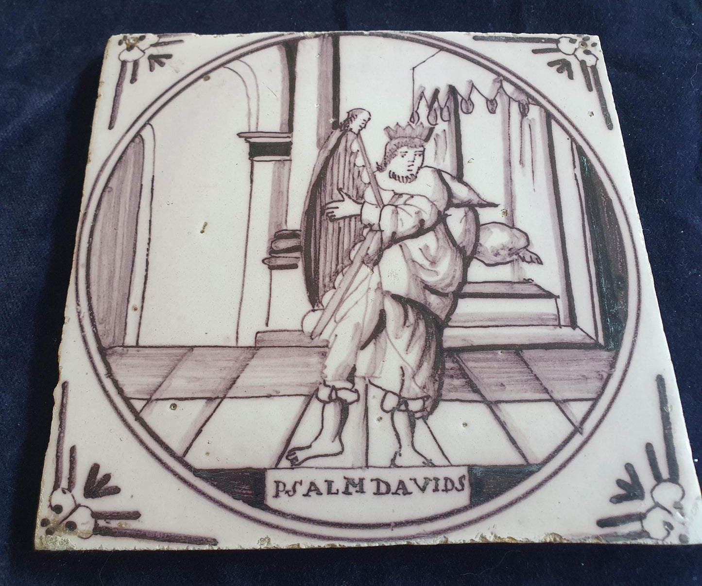 Delft tile, Dutch manganese biblical scene bible tile, 18th century , King David playing his harp.