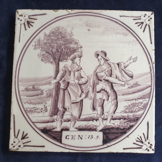 Delft tile, Dutch manganese biblical scene bible tile, 18th century , Abram and Lot decide to part ways.