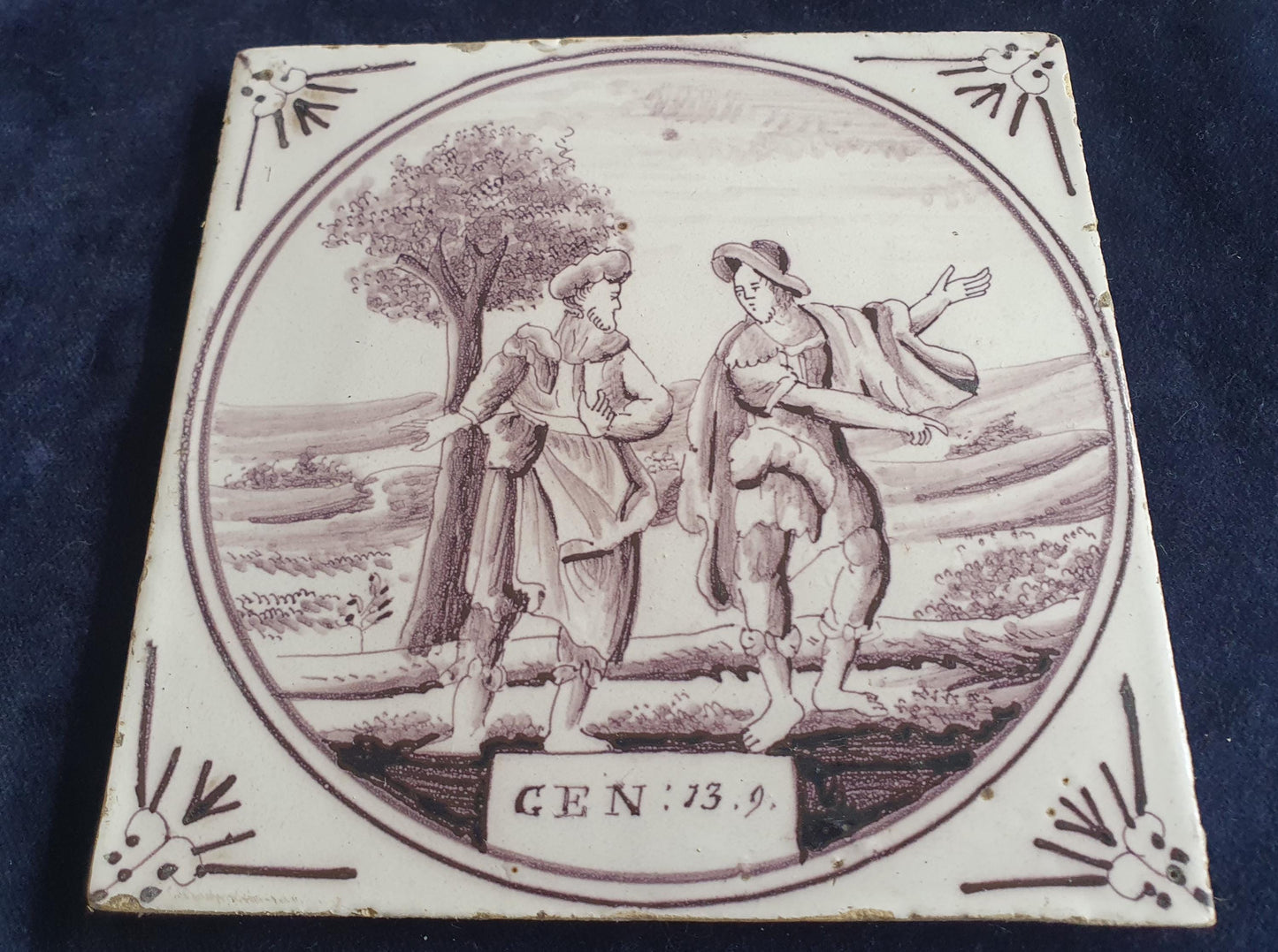 Delft tile, Dutch manganese biblical scene bible tile, 18th century , Abram and Lot decide to part ways.