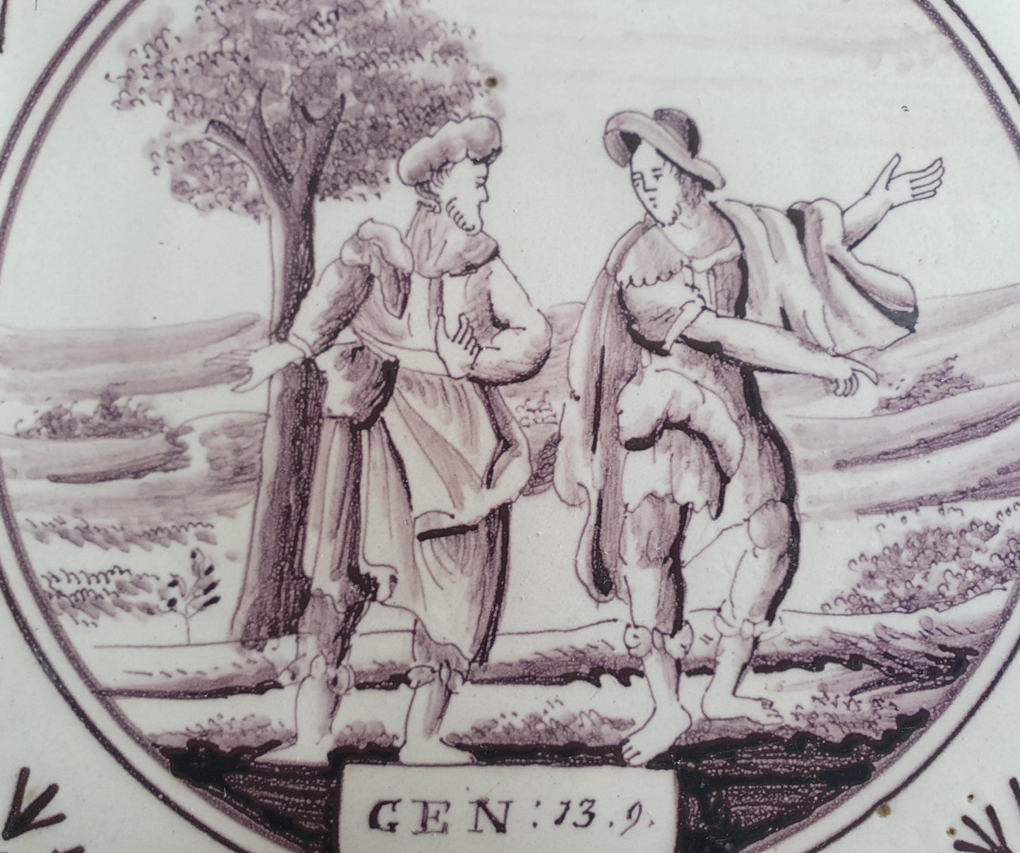 Delft tile, Dutch manganese biblical scene bible tile, 18th century , Abram and Lot decide to part ways.