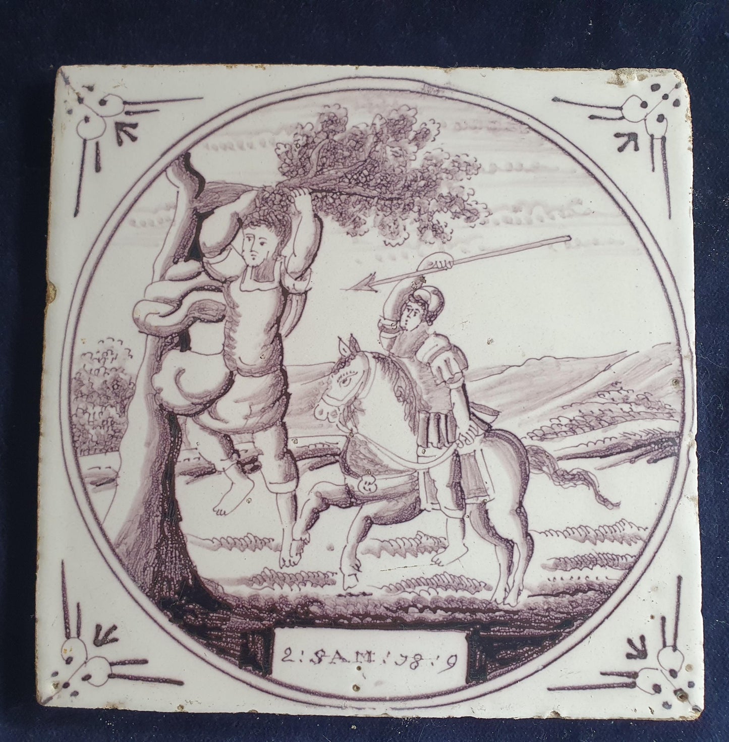 Delft tile, Dutch manganese biblical scene bible tile, 18th century , Absalom flees on horseback during a battle.