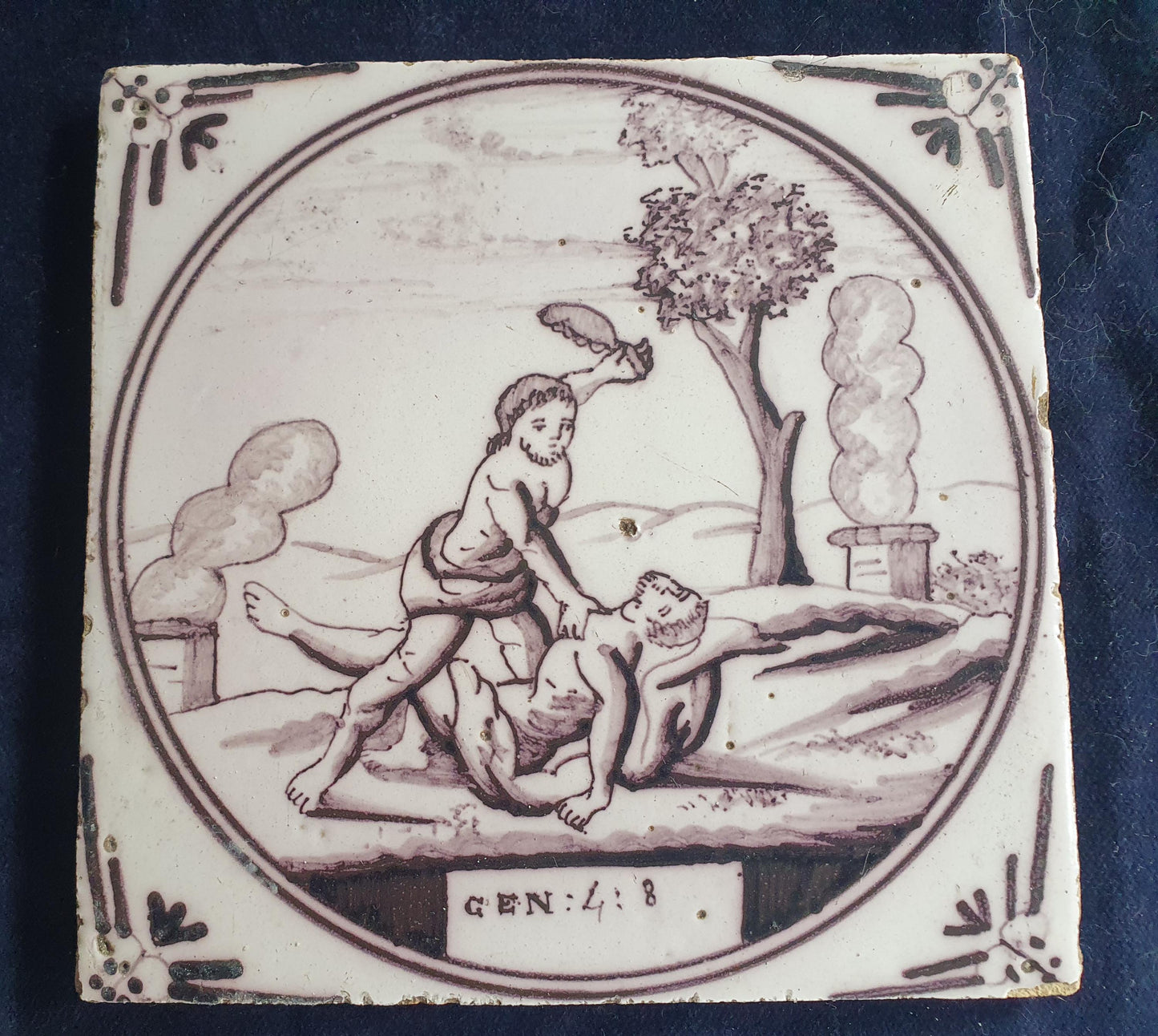 Delft tile, Dutch manganese biblical scene bible tile, 18th century ,Gen 4-8