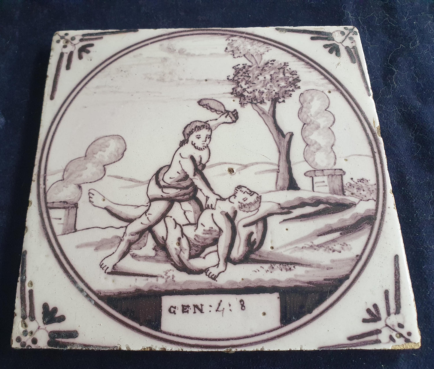Delft tile, Dutch manganese biblical scene bible tile, 18th century ,Gen 4-8