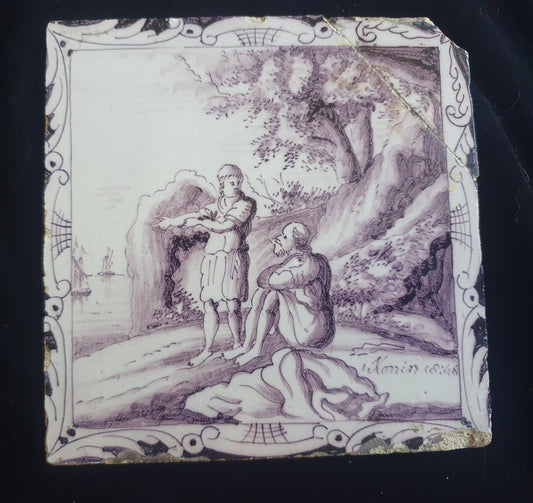 Delft tile, Dutch manganese biblical scene bible tile, 18th century ,Temptation of Jesus in the wilderness.