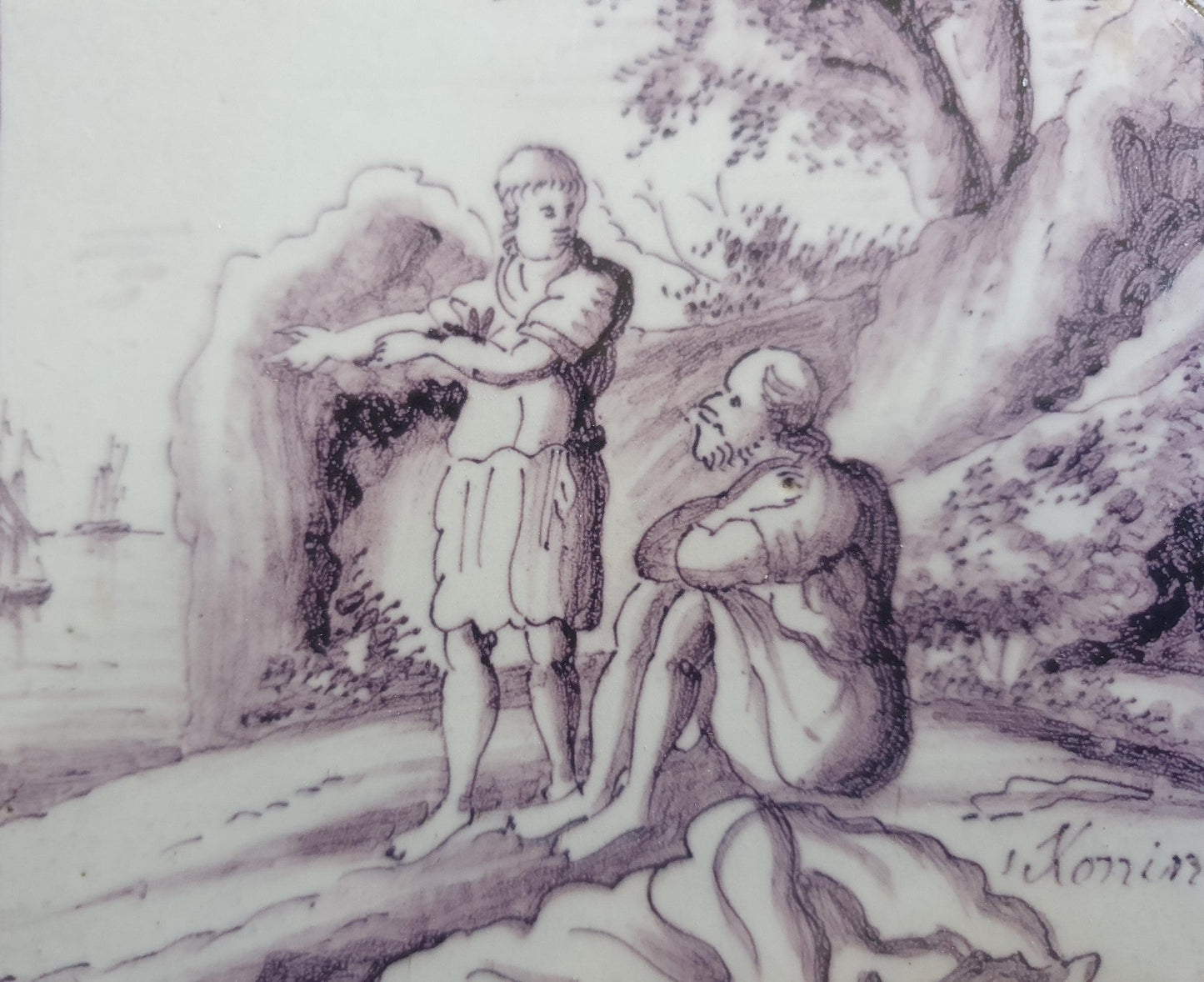 Delft tile, Dutch manganese biblical scene bible tile, 18th century ,Temptation of Jesus in the wilderness.
