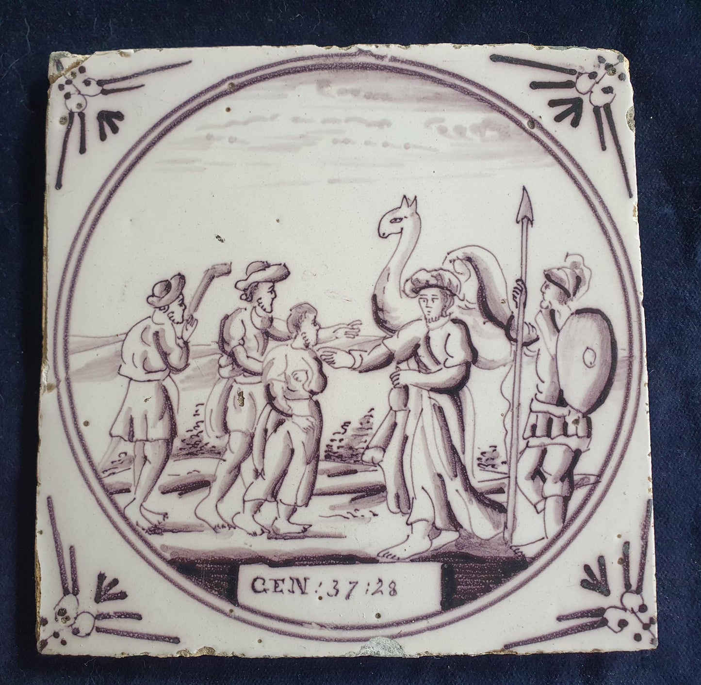 Delft tile, Dutch manganese biblical scene bible tile, 18th century ,Gen 37-28