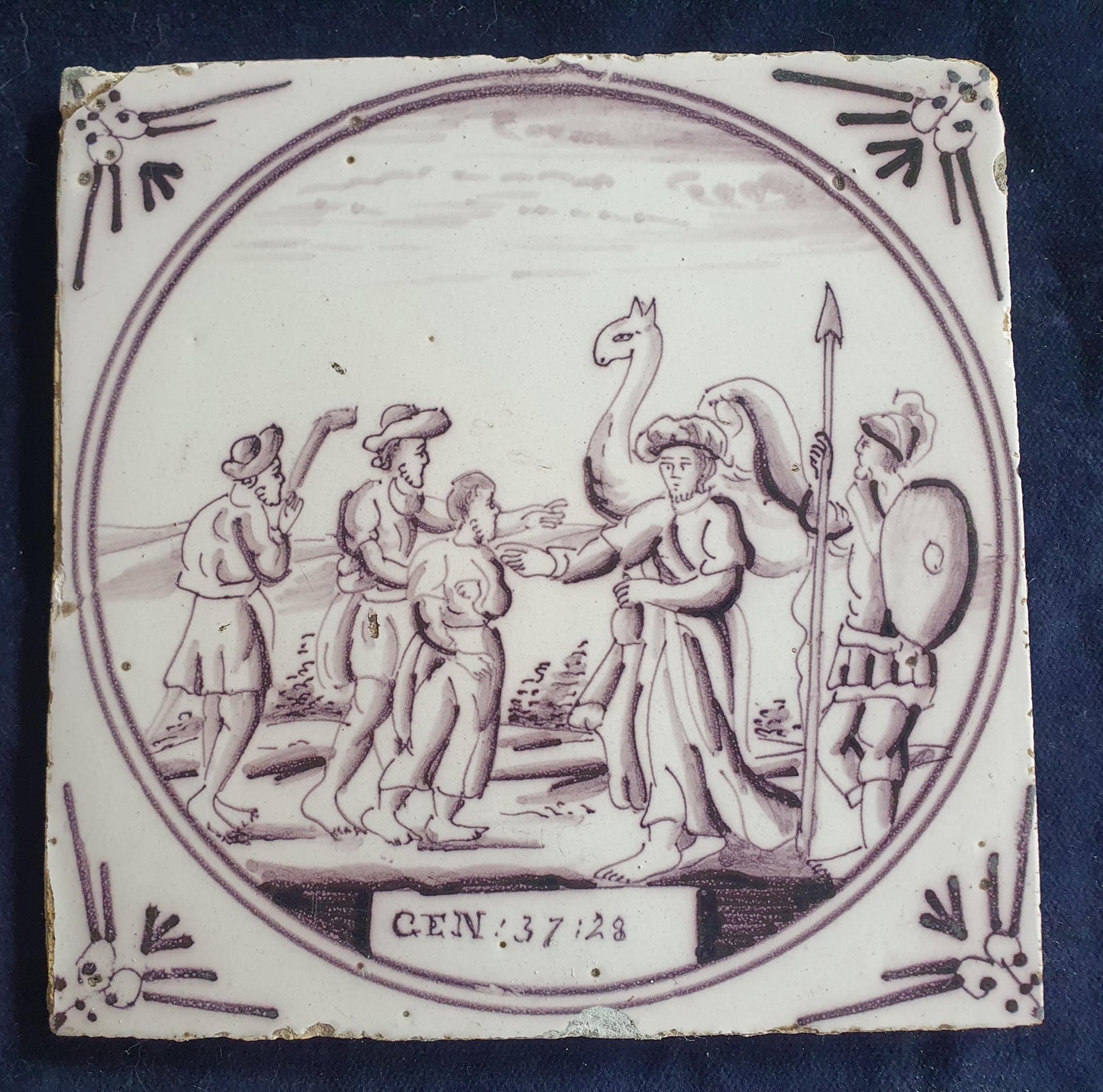 Delft tile, Dutch manganese biblical scene bible tile, 18th century ,Gen 37-28