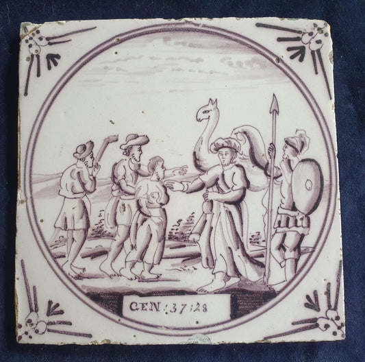 Delft tile, Dutch manganese biblical scene bible tile, 18th century ,Gen 37-28