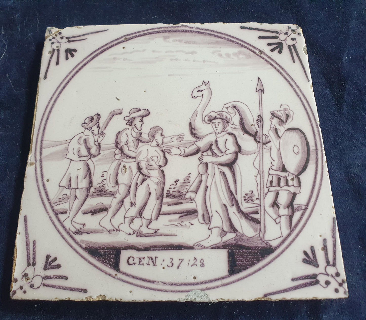 Delft tile, Dutch manganese biblical scene bible tile, 18th century ,Gen 37-28