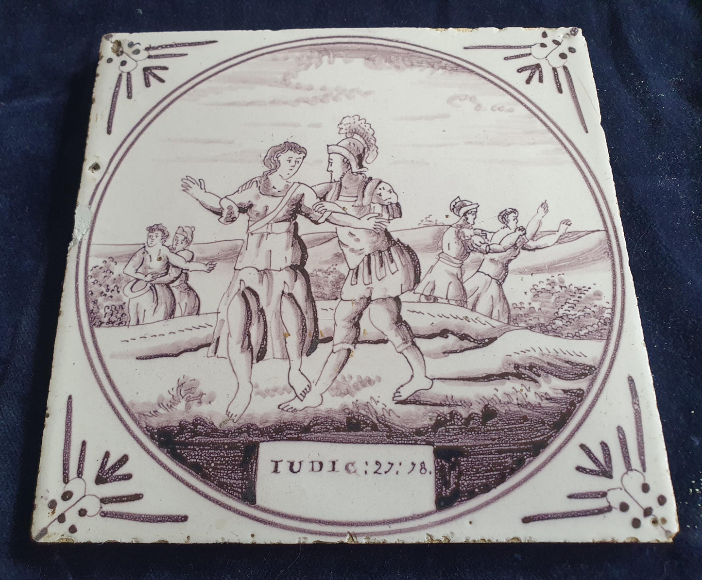 Delft tile, Dutch manganese biblical scene bible tile, 18th century ,IUDIC 21-25
