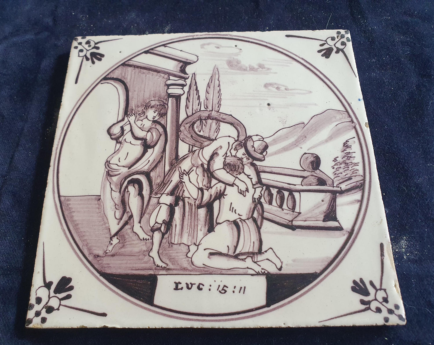 Delft tile, Dutch manganese biblical scene bible tile, 18th century,The Miraculous Catch of Fish.