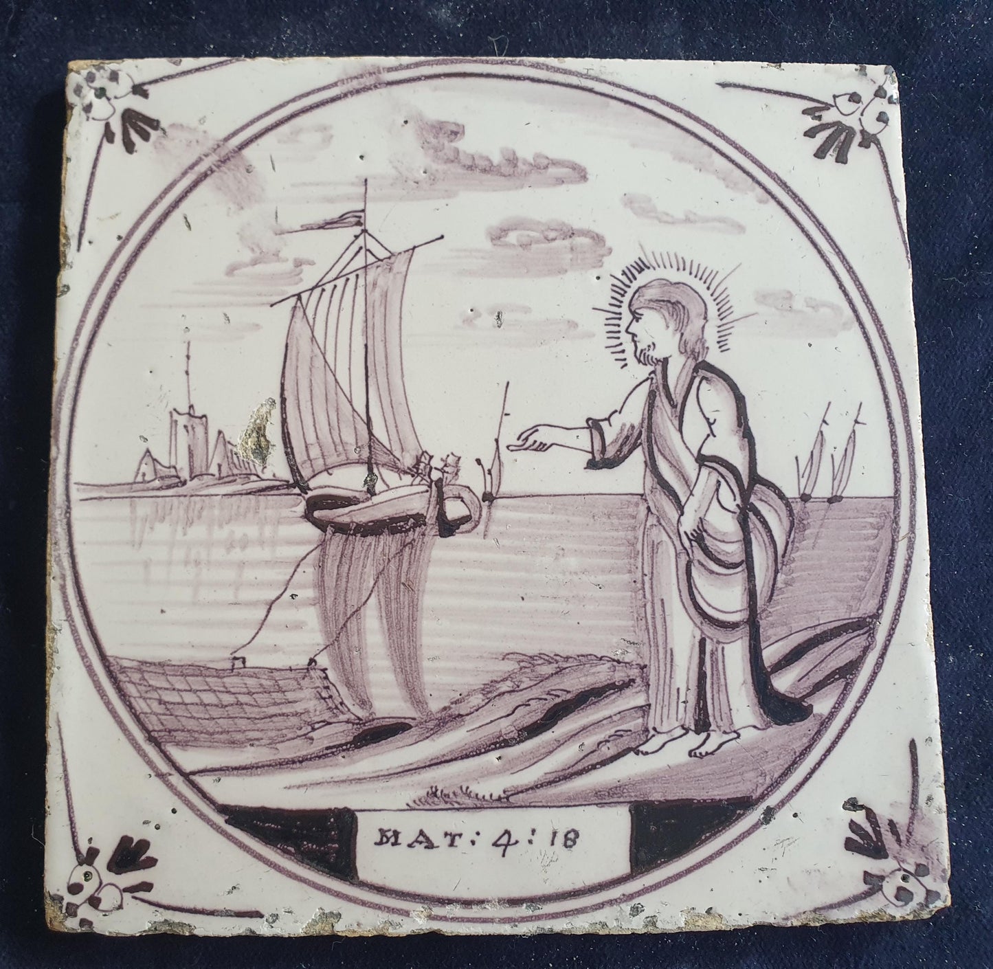 Delft tile, Dutch manganese biblical scene bible tile, 18th , Call of the first disciples.