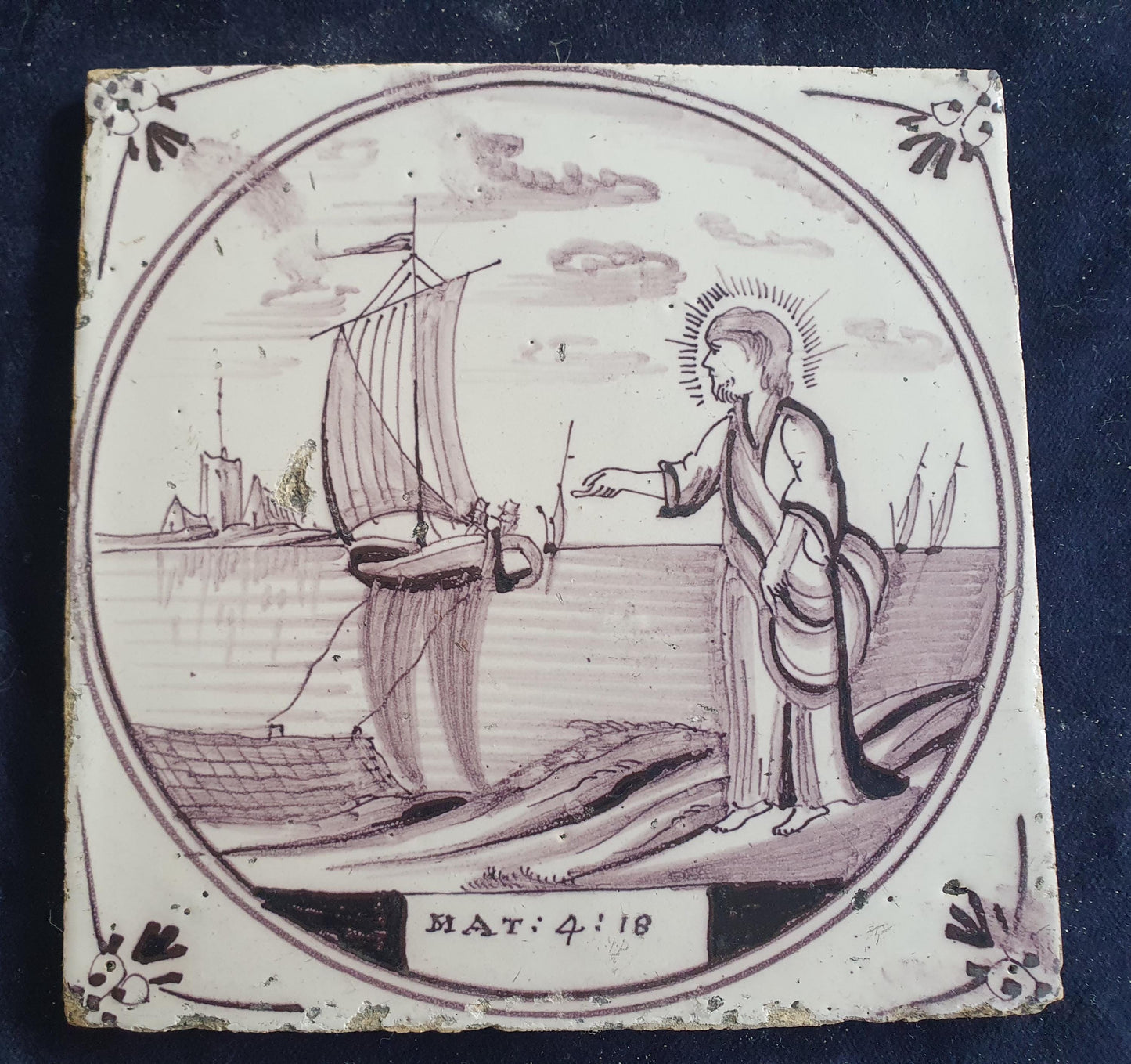 Delft tile, Dutch manganese biblical scene bible tile, 18th , Call of the first disciples.