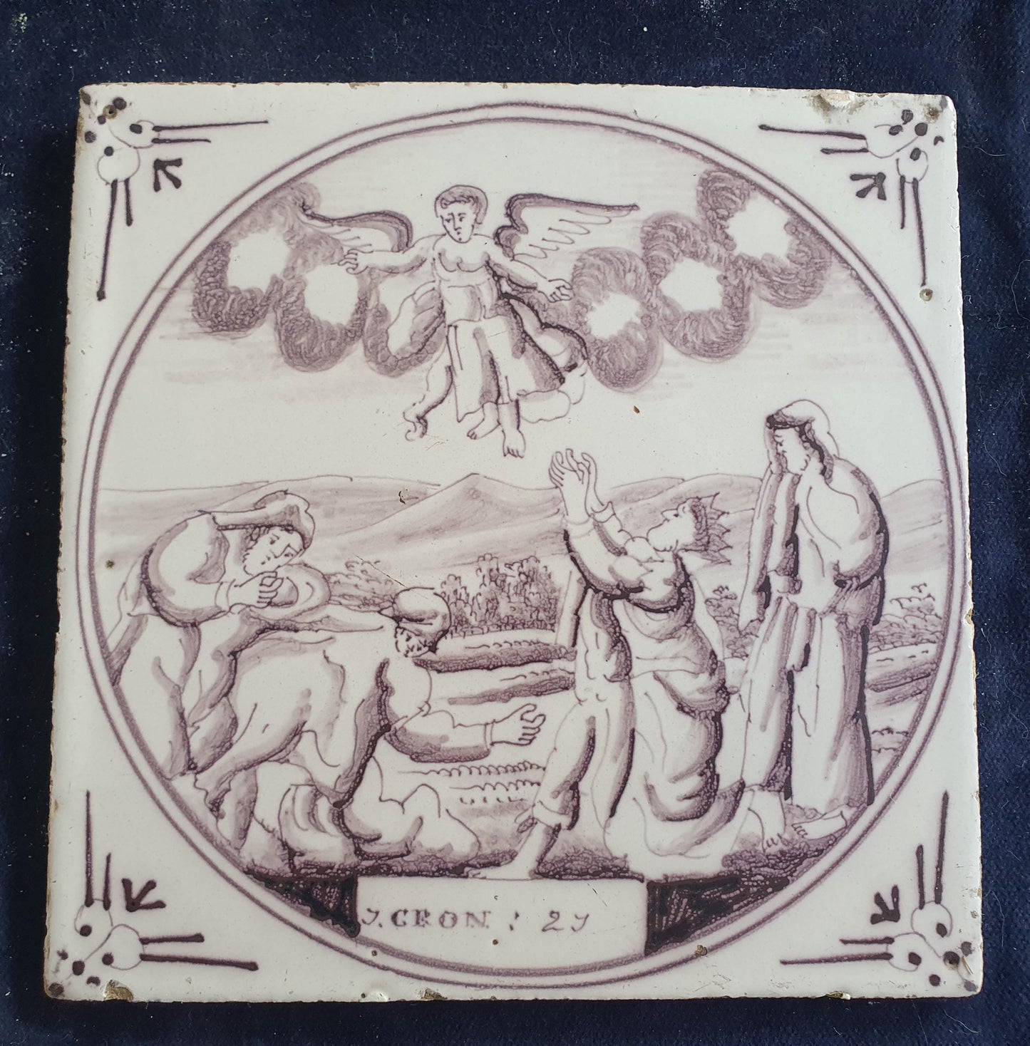 Delft tile, Dutch manganese biblical scene bible tile, 18th century, Chronicles Chapter 20