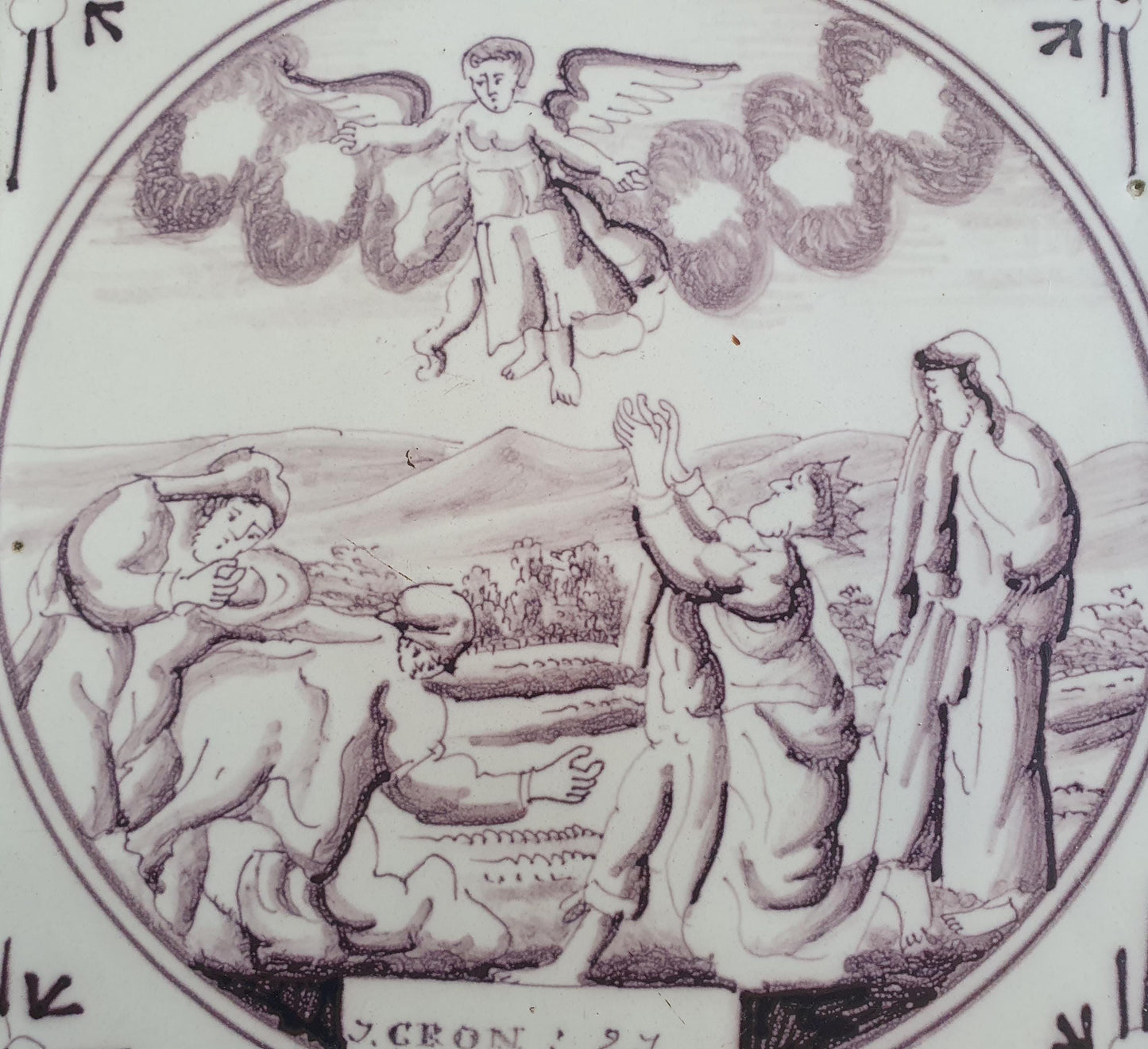 Delft tile, Dutch manganese biblical scene bible tile, 18th century, Chronicles Chapter 20