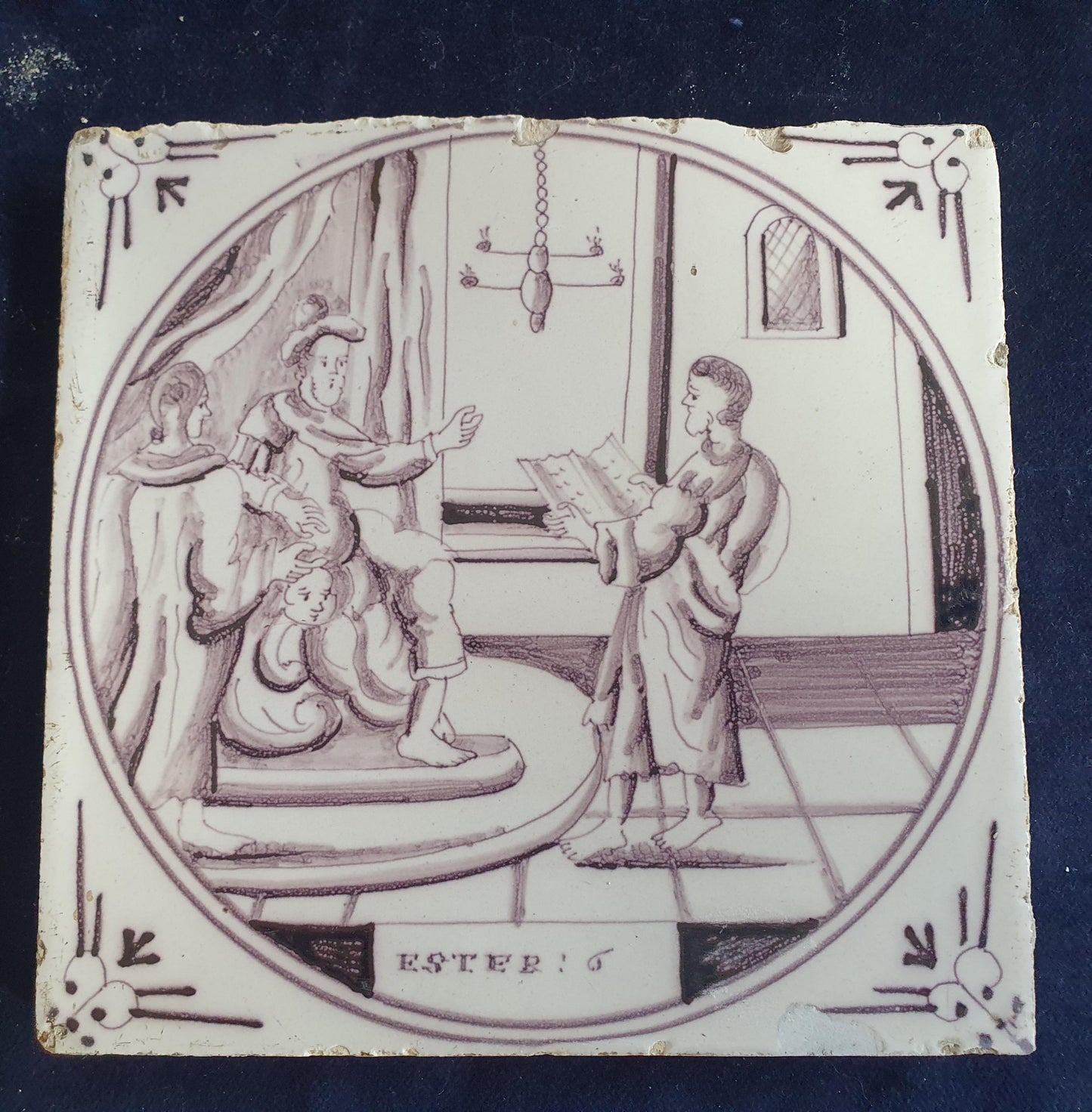 Delft tile, Dutch manganese biblical scene bible tile, 18th century,Ester : 6