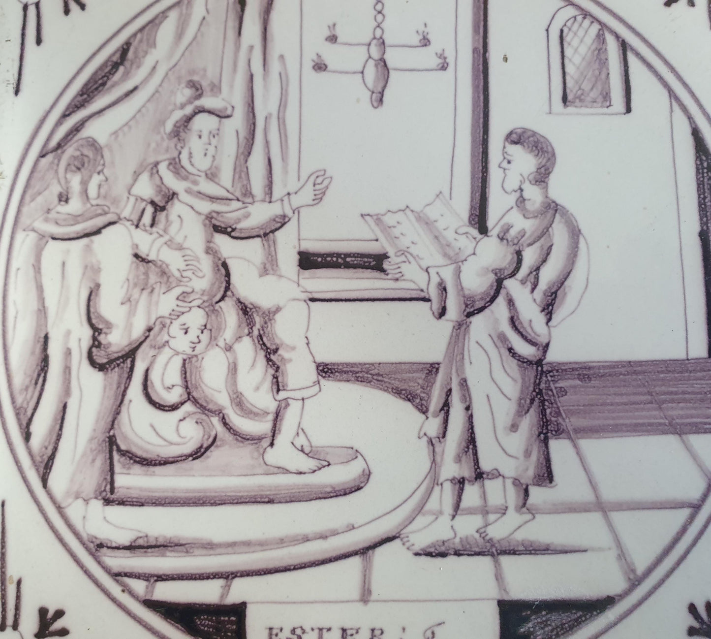 Delft tile, Dutch manganese biblical scene bible tile, 18th century,Ester : 6