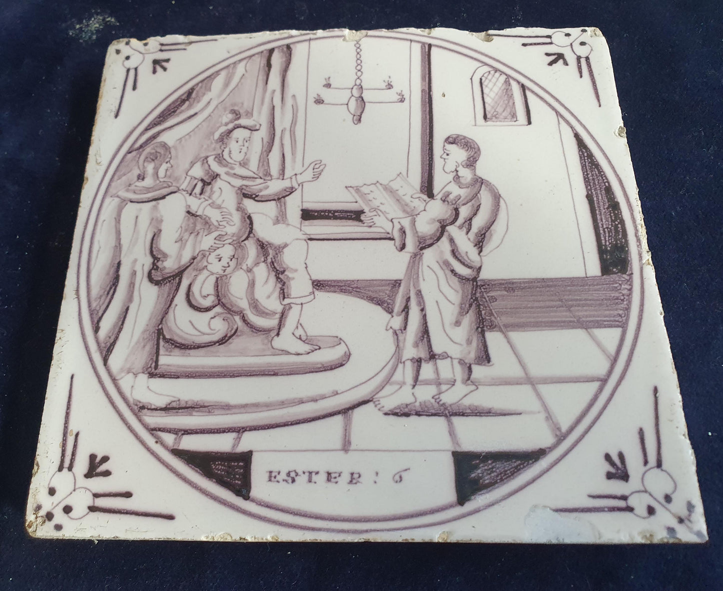Delft tile, Dutch manganese biblical scene bible tile, 18th century,Ester : 6