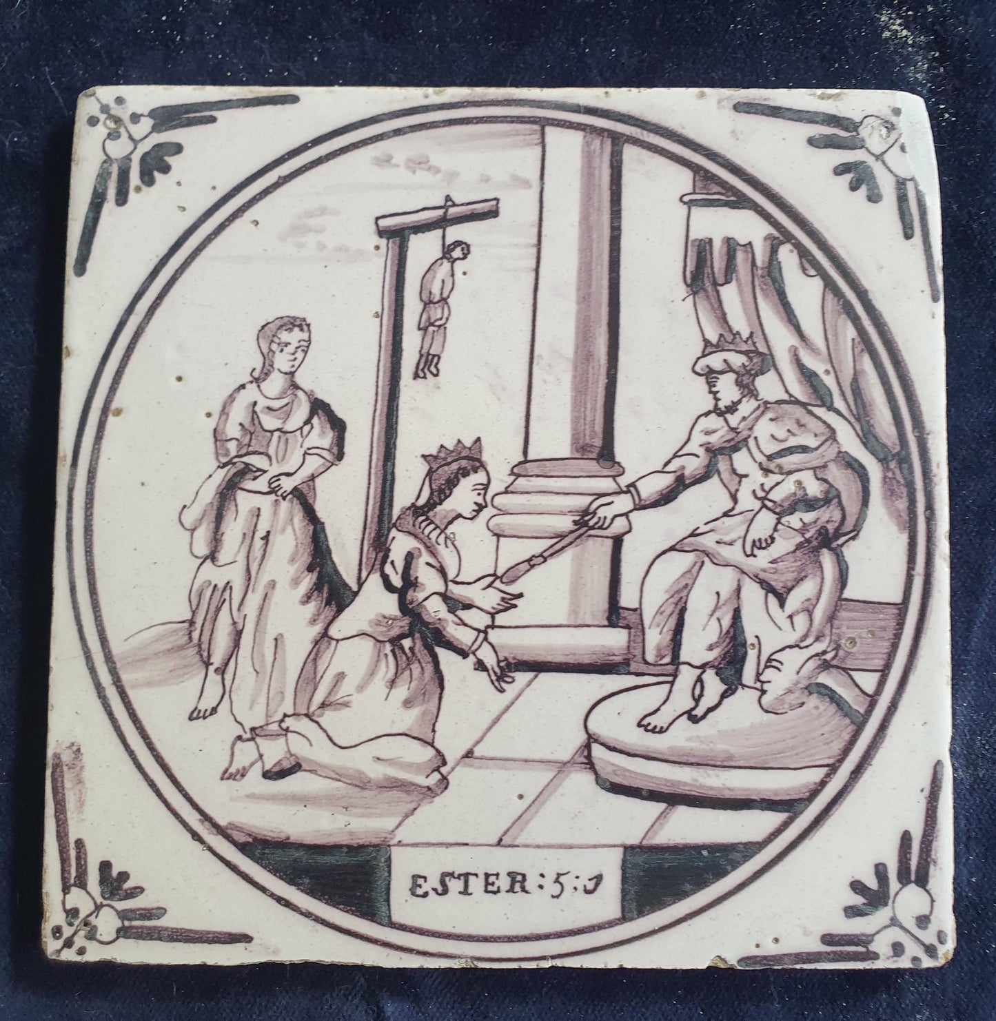 Delft tile, Dutch manganese biblical scene bible tile, 18th century, Ester :5-1
